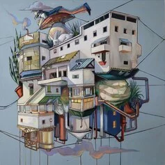 3 Upside down city, olio su tela 120 x 120, 2023   Marcovaldo